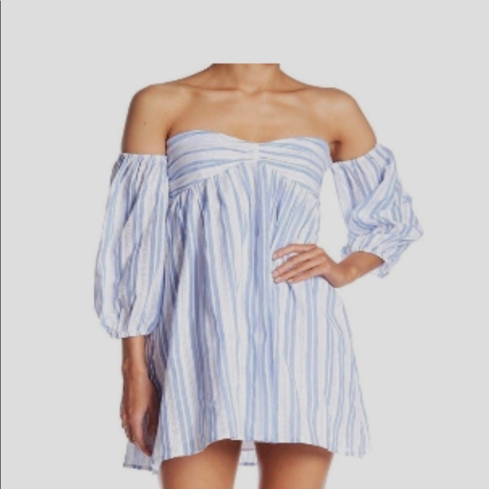 Romeo+Juliet Couture Off the Shoulder Blue & White Striped Mini Tunic Dress SZ M